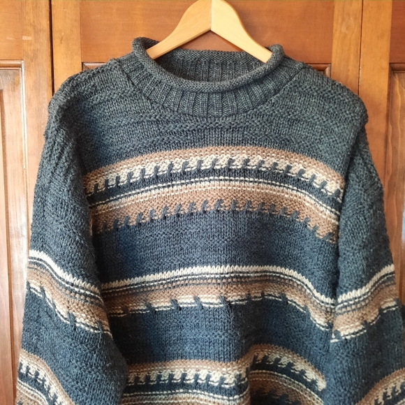 Vintage Crios 100% Irish Wool Rolled Neck Chunky Knit Striped Sweater Size Large - Picture 2 of 9